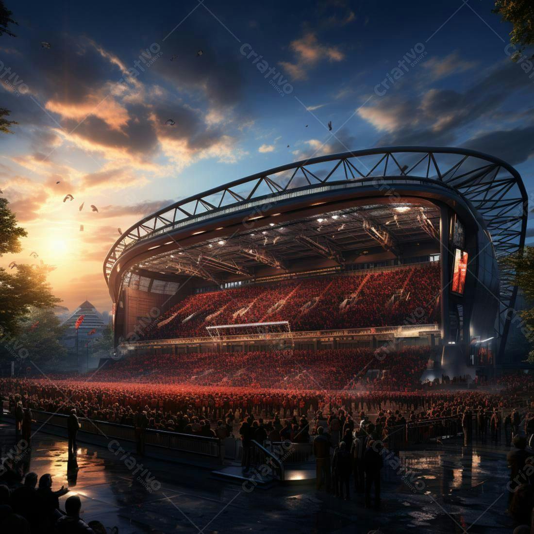Estádio lotado ao pôr do sol