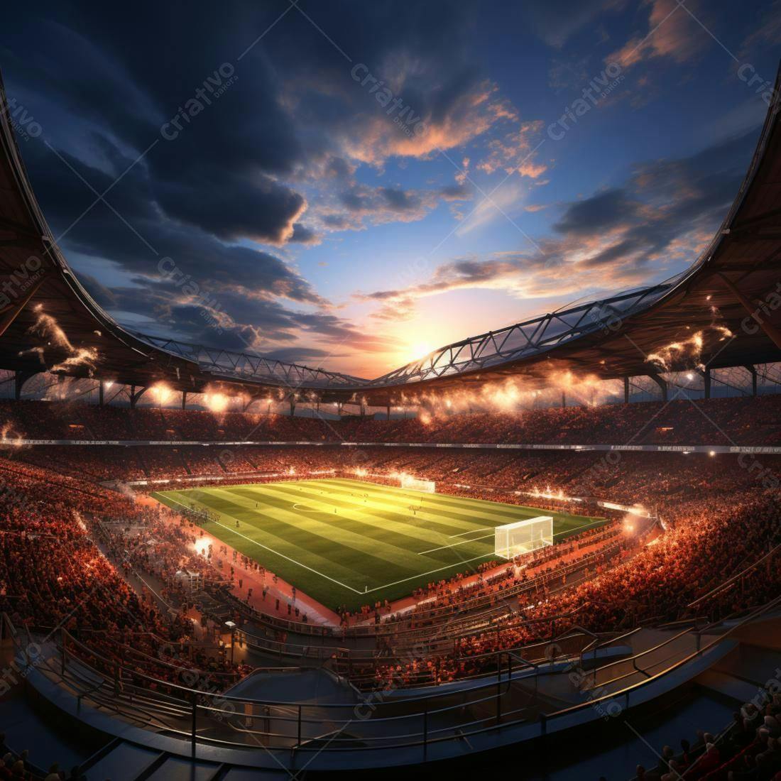 Estádio de futebol lotado ao pôr do sol