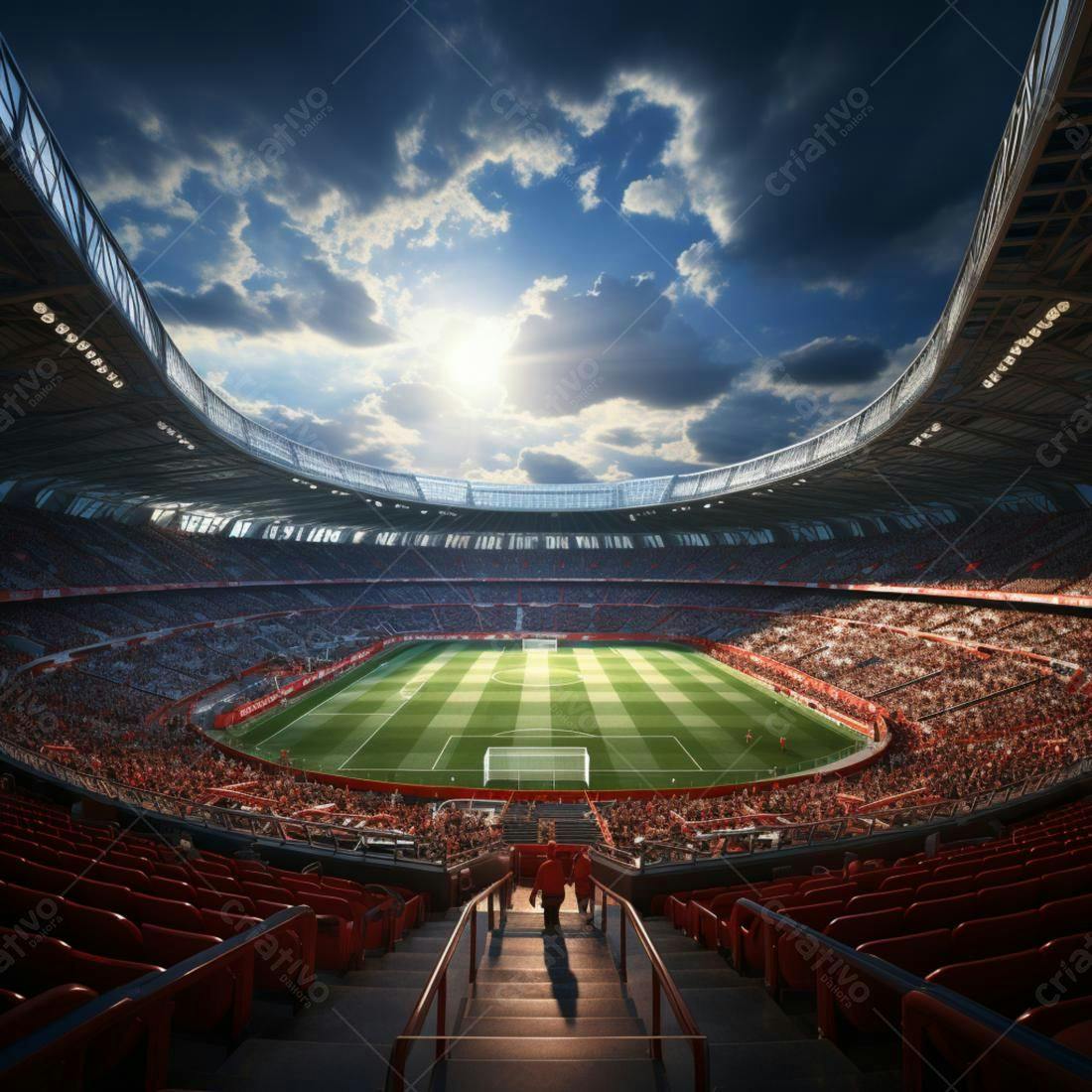 Estádio de futebol lotado sob céu nublado