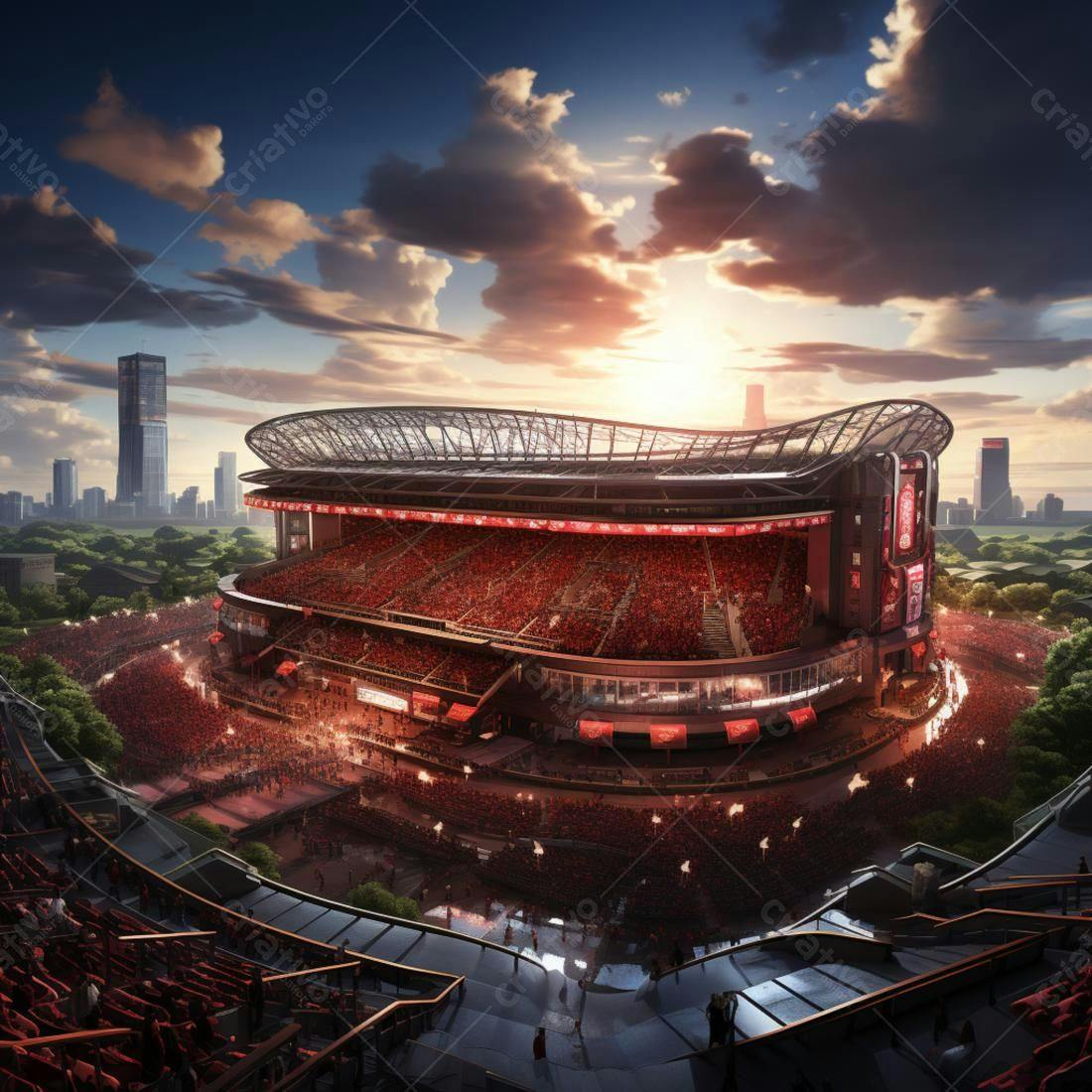 Estádio lotado ao pôr do sol