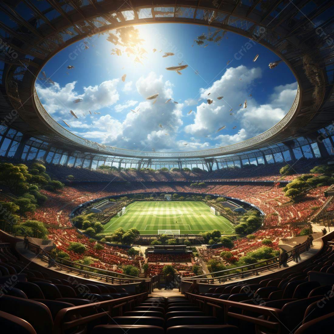 Estádio futurista com drones e público