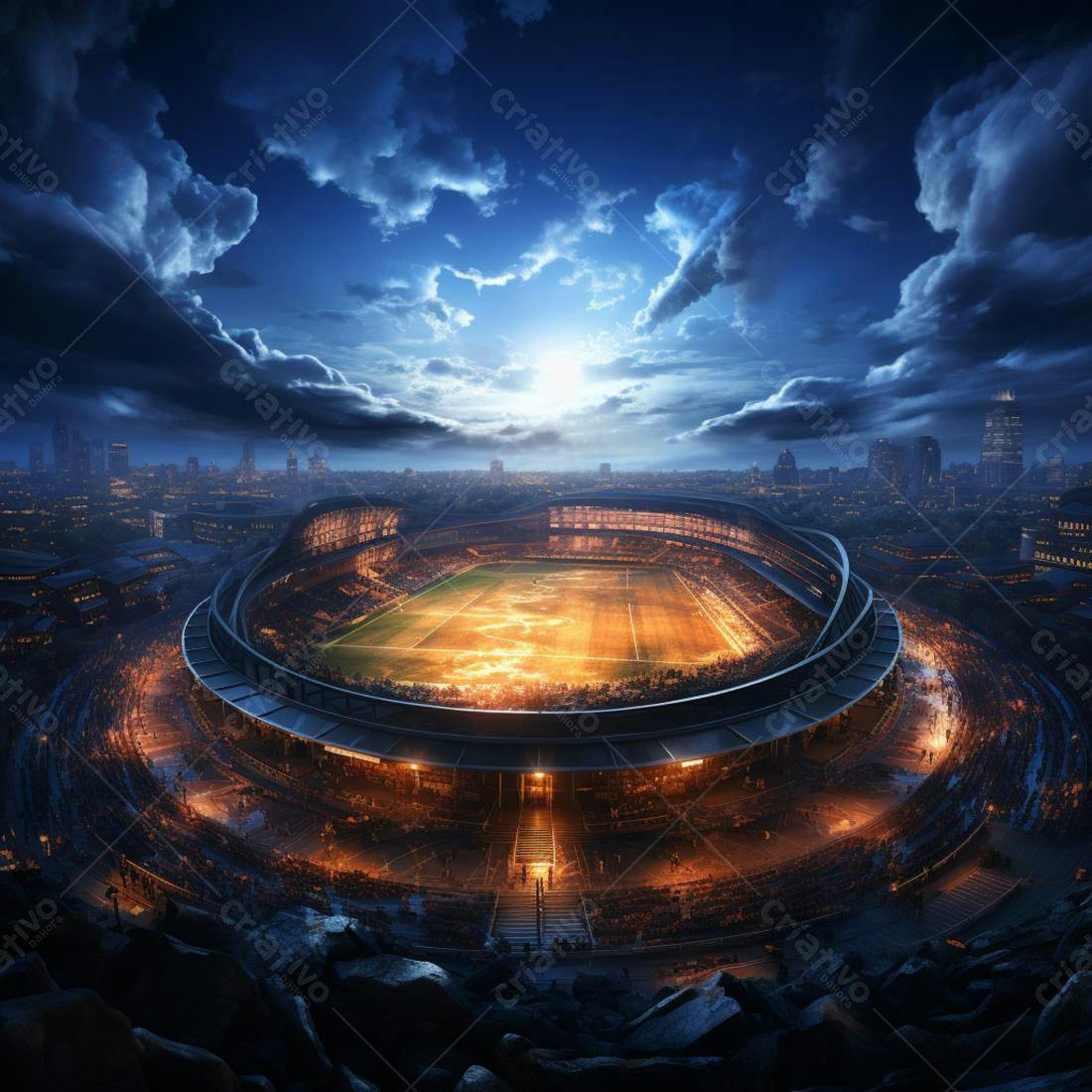 Estádio iluminado à noite com multidão