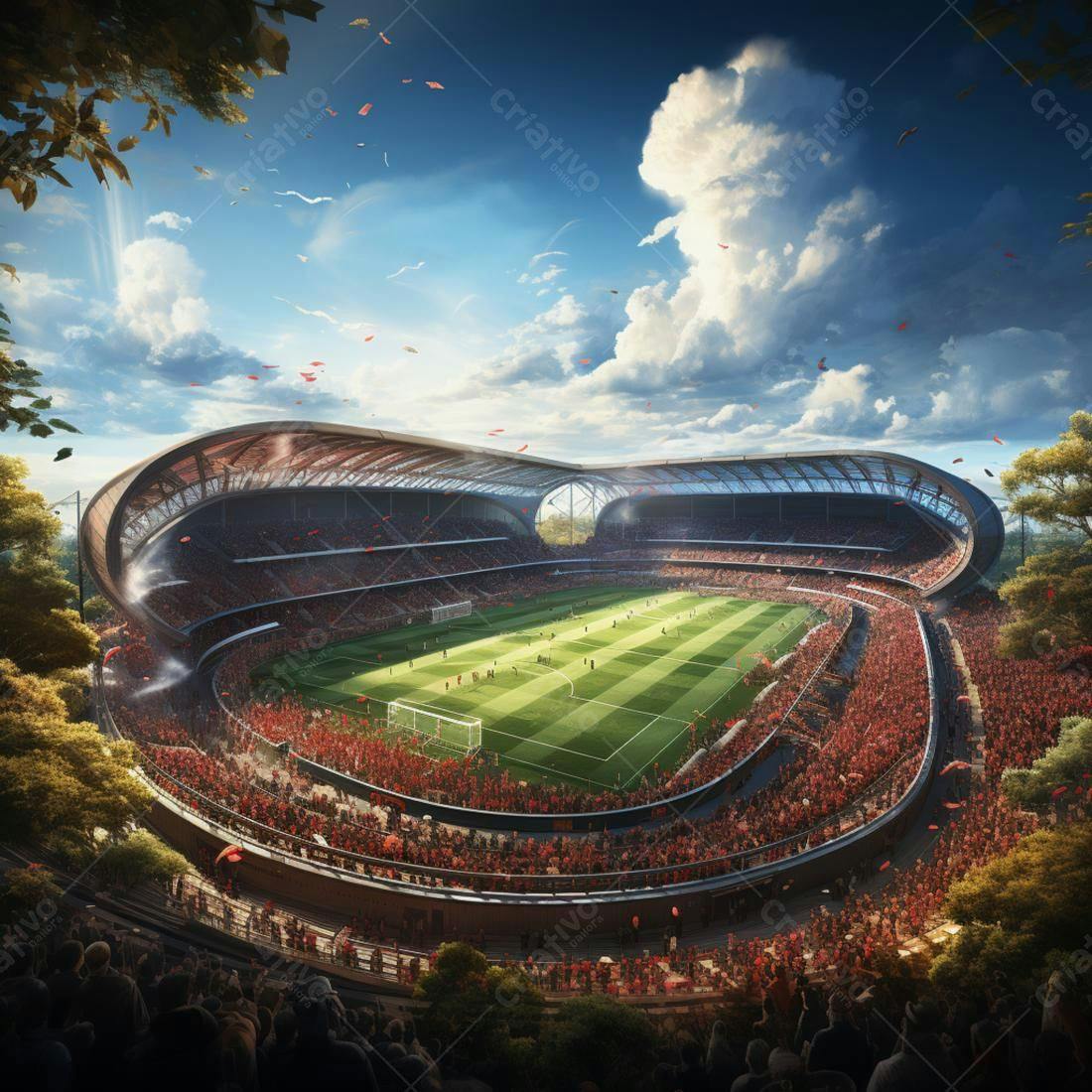 Estádio de futebol lotado com torcedores e jogo em dia ensolarado