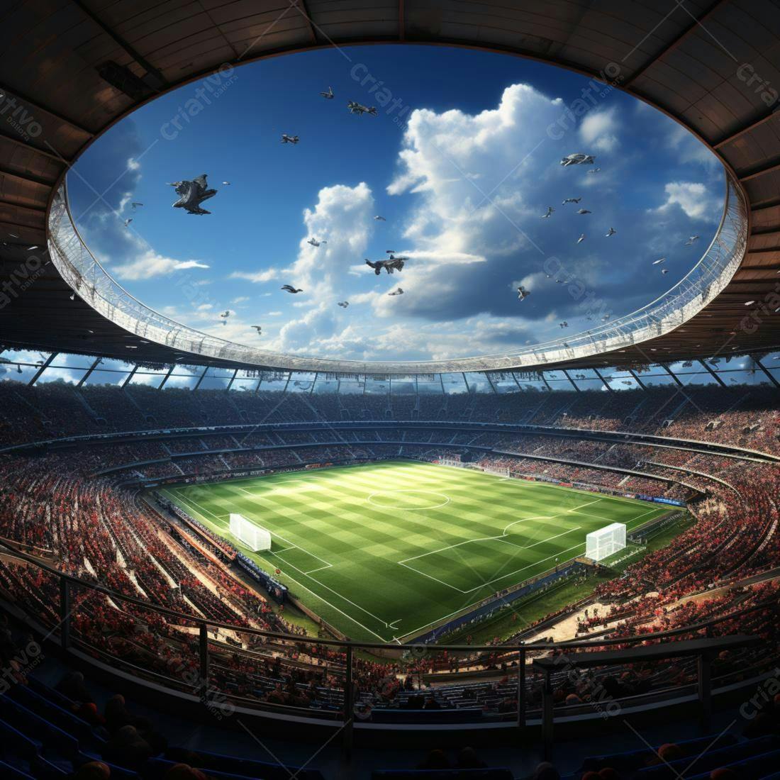 Estádio lotado com drones sobrevoando campo de futebol