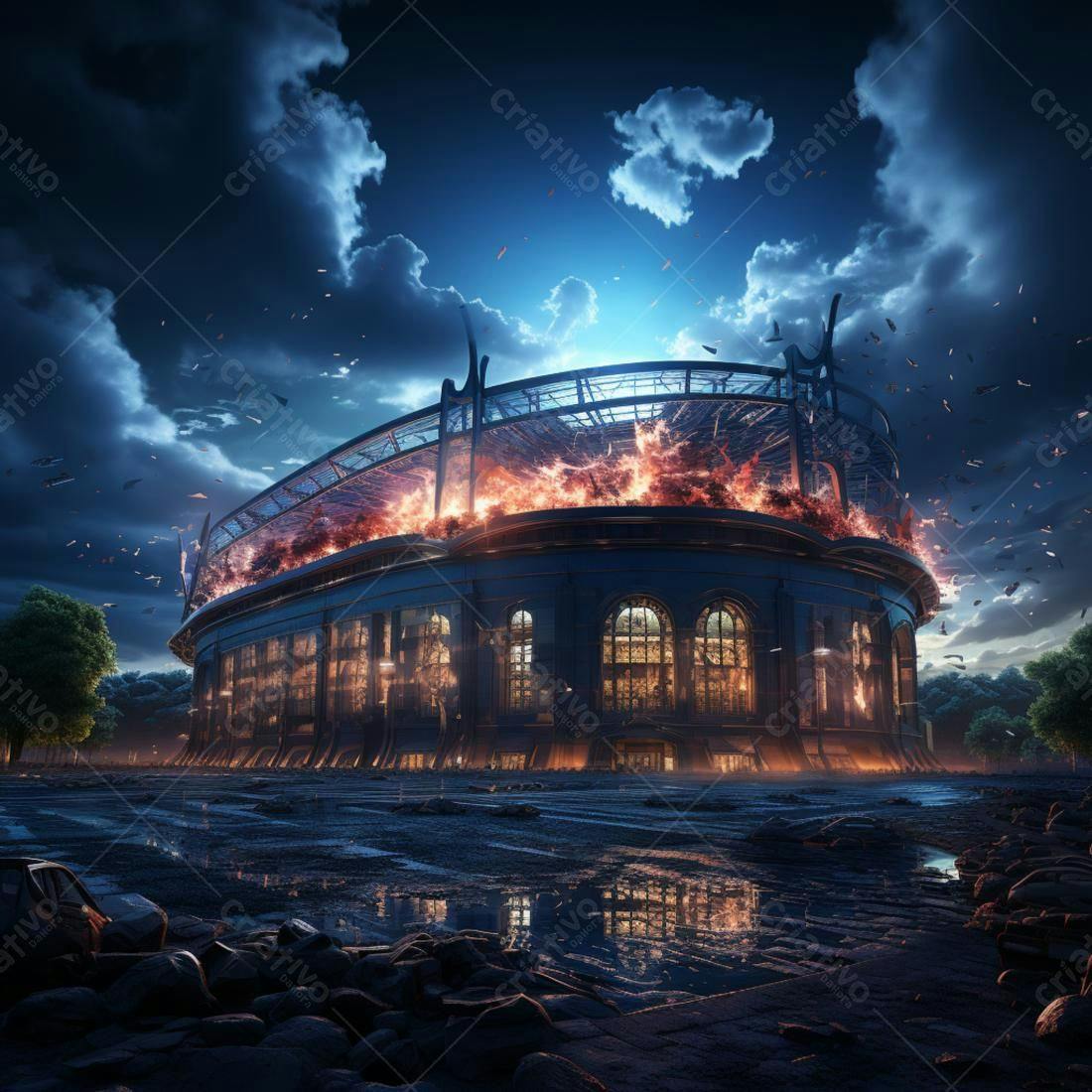 Estádio em chamas noite escura