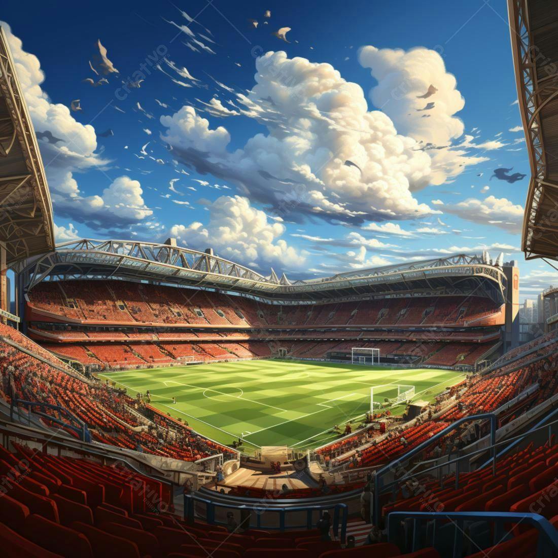 Estádio de futebol sob céu azul e nublado
