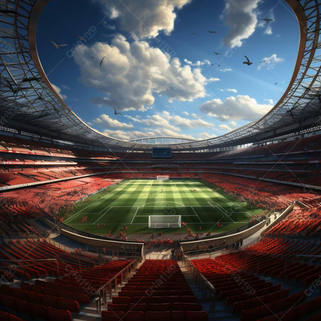 Estádio de futebol lotado sob um céu azul