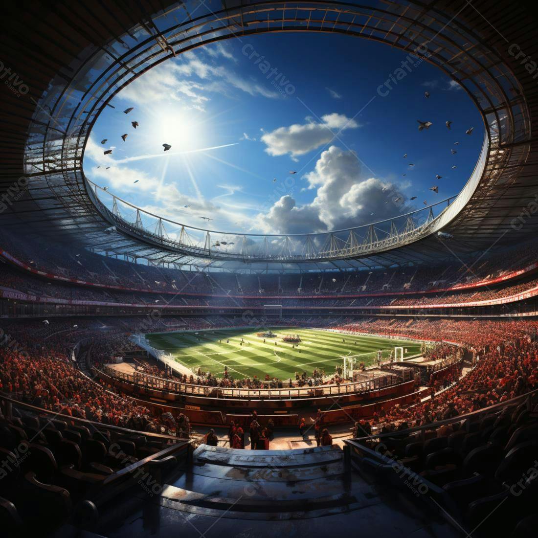 Estádio de futebol lotado dia ensolarado