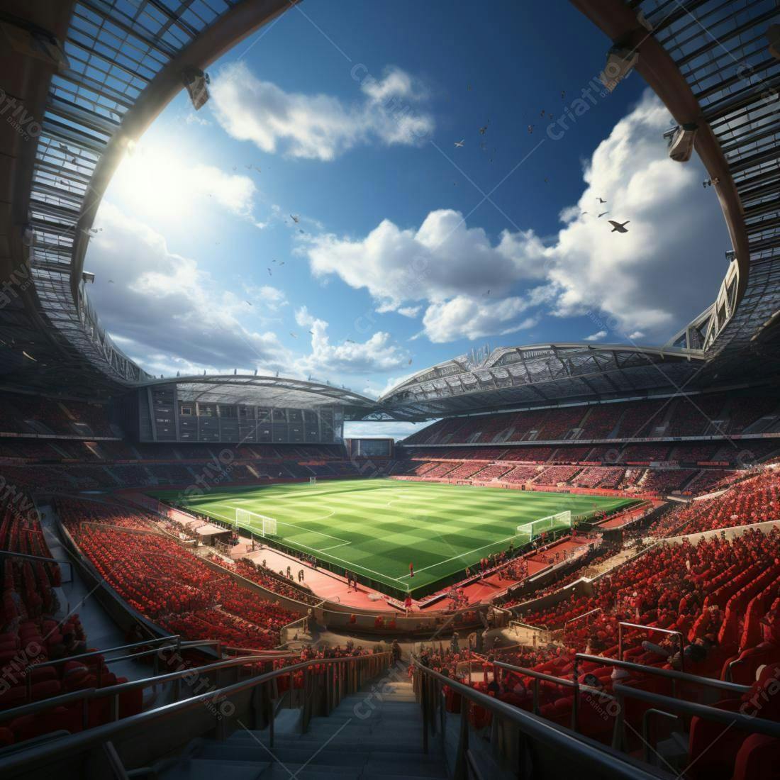 Estádio de futebol moderno sob céu azul