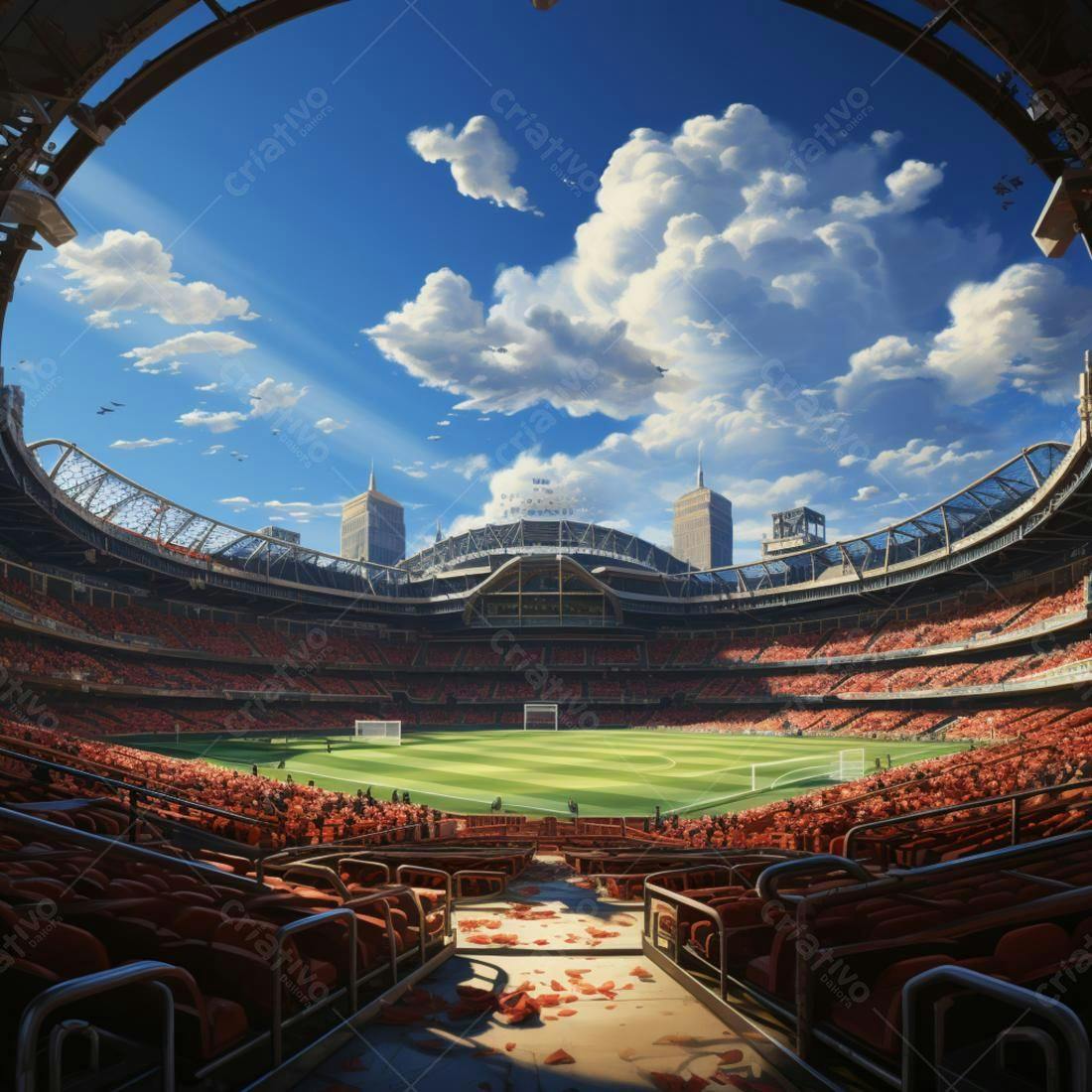 Estádio cheio sob céu azul ensolarado