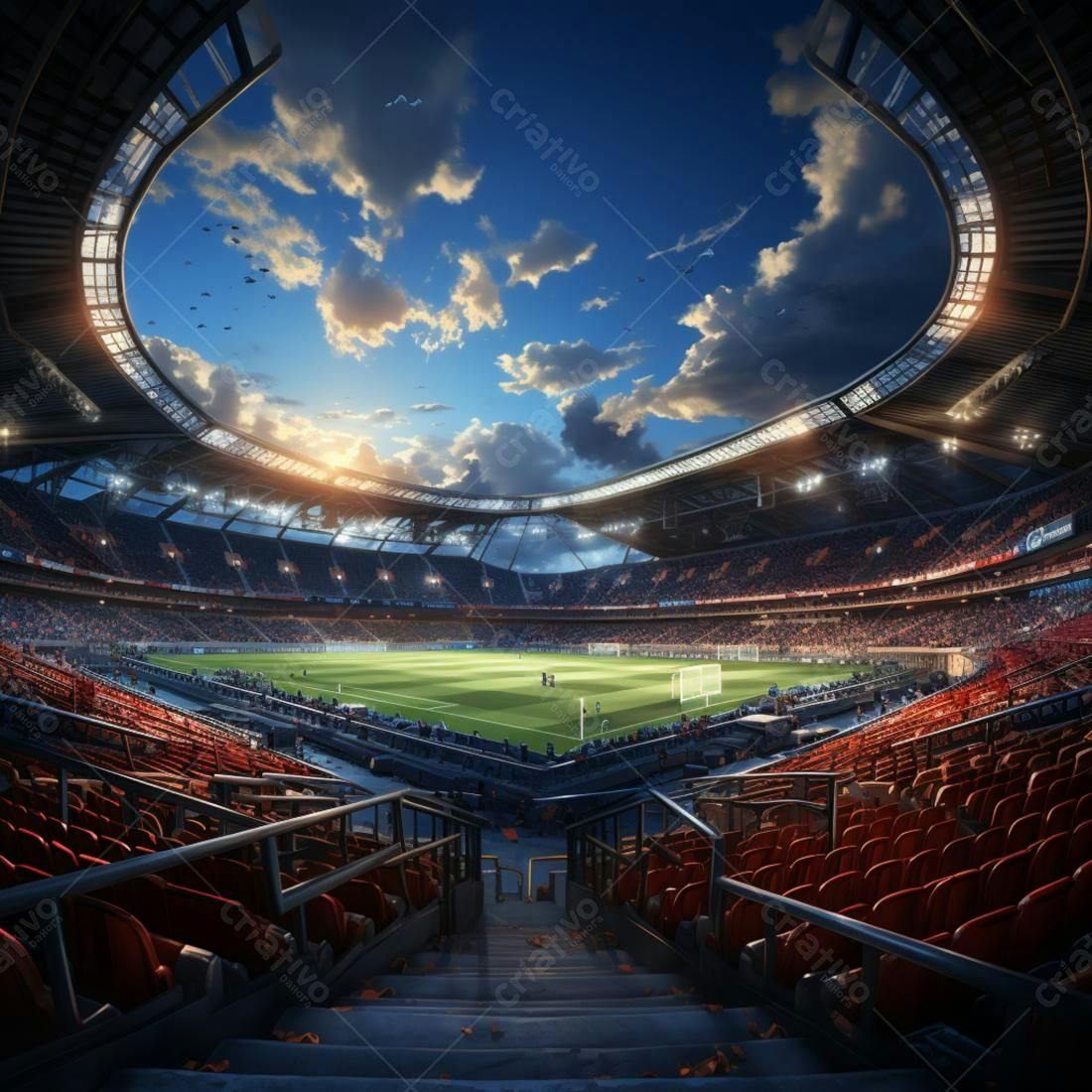 Estádio de futebol lotado ao entardecer