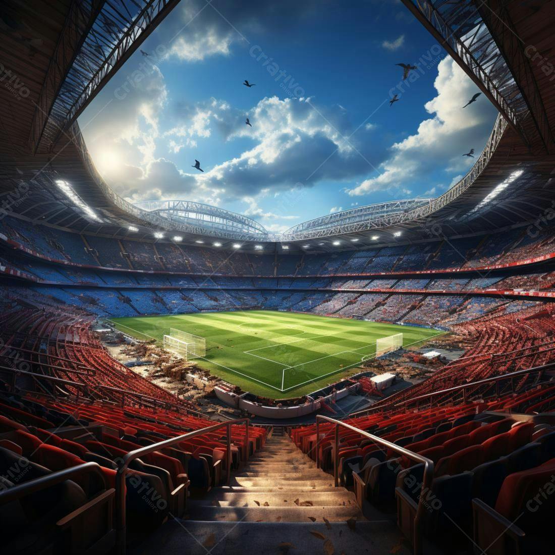 Estádio de futebol vazio ao entardecer