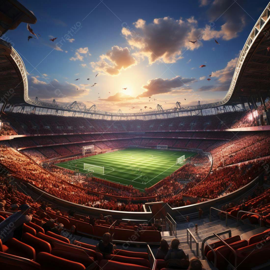 Estádio de futebol lotado ao pôr do sol