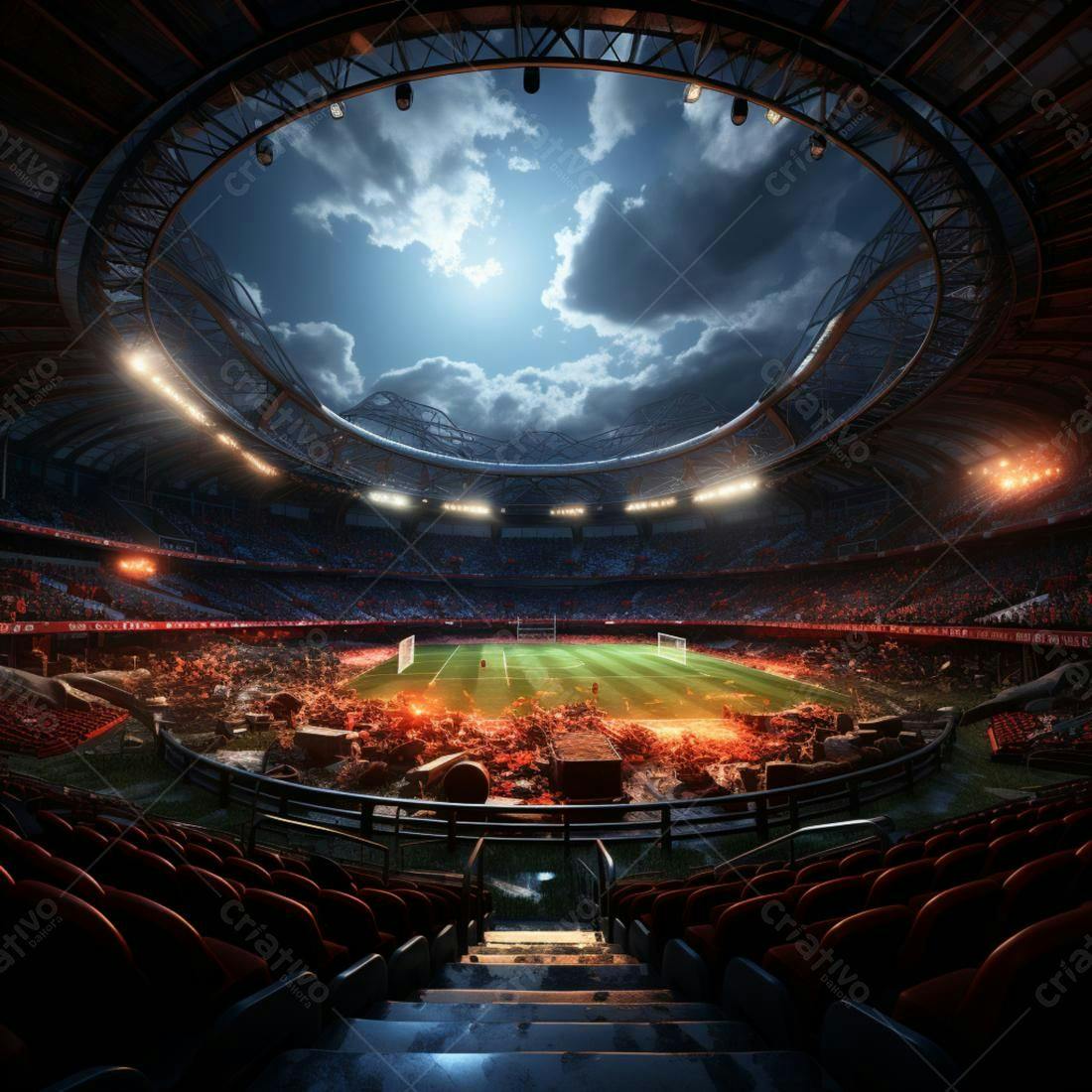 Estádio destruído noite escura