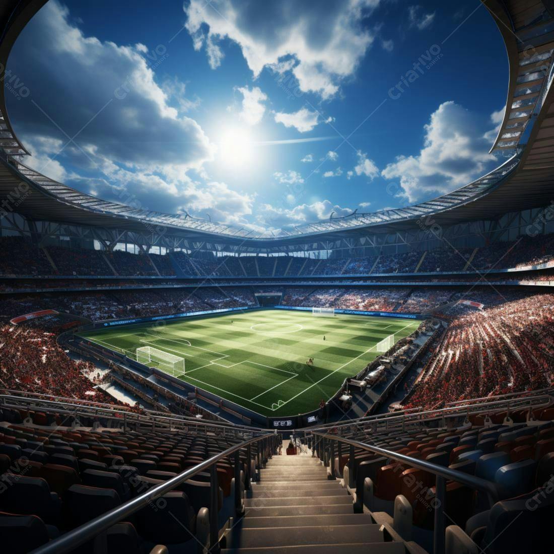 Estádio de futebol lotado sob céu azul