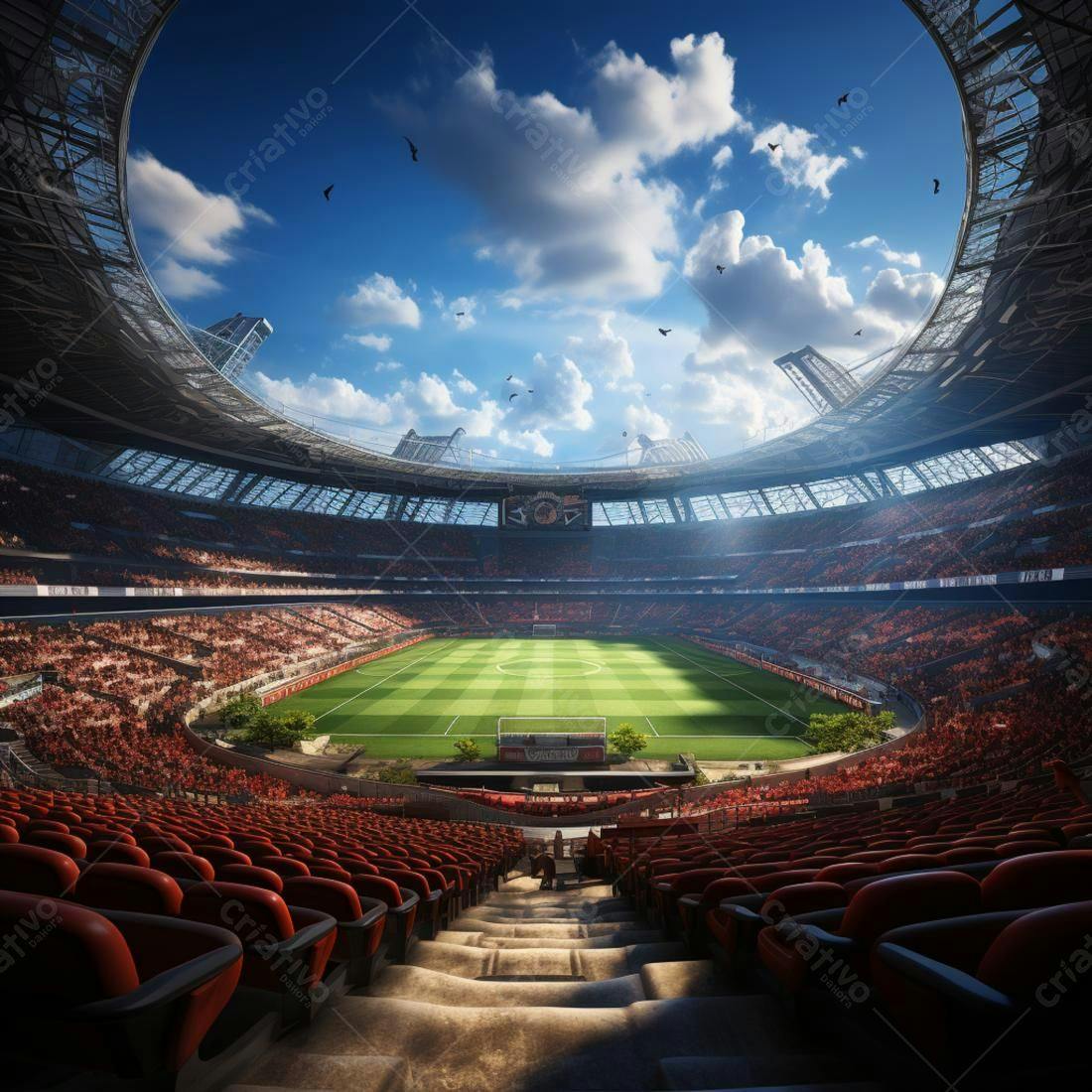 Estádio de futebol moderno lotado sob céu azul