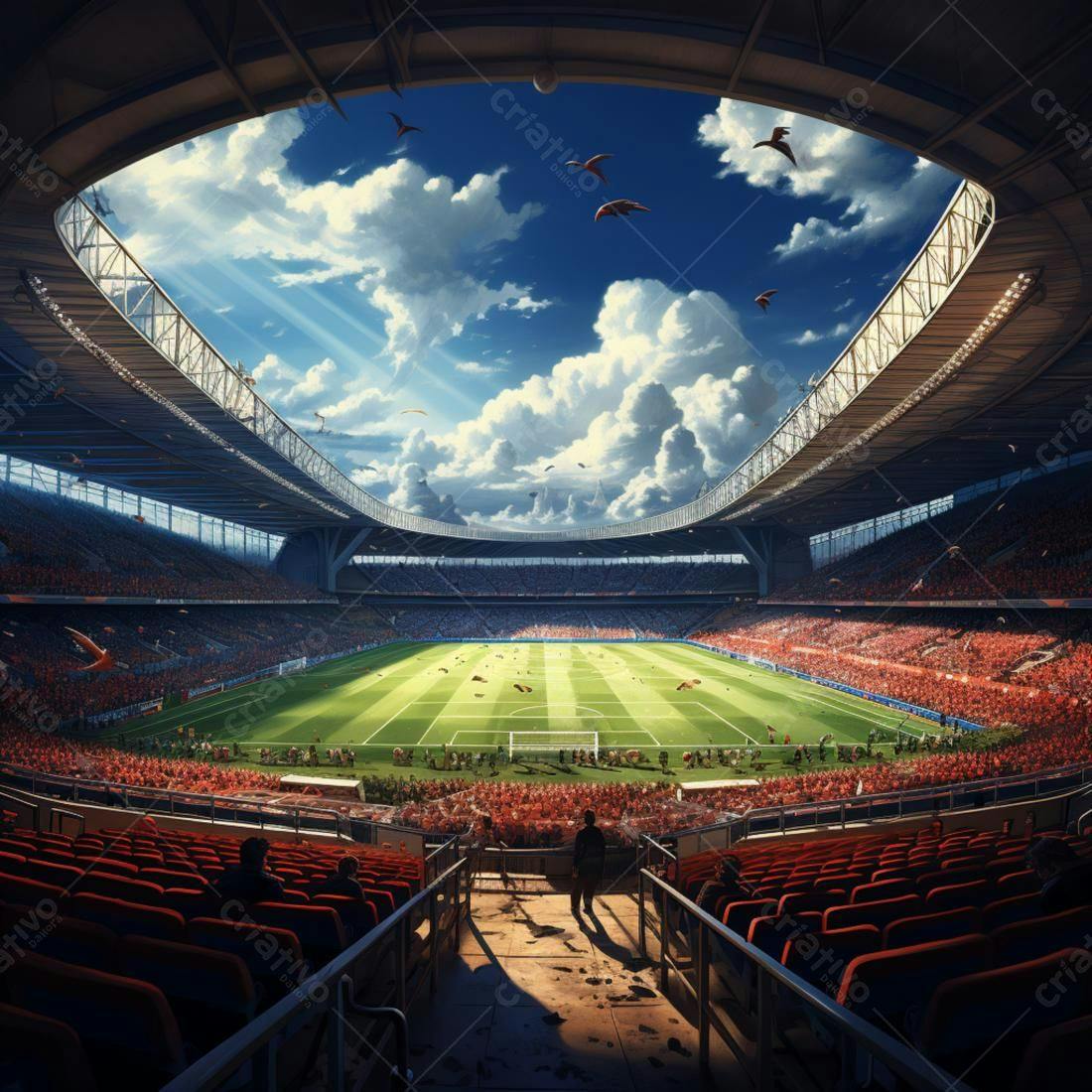 Estádio lotado jogo futebol dia ensolarado