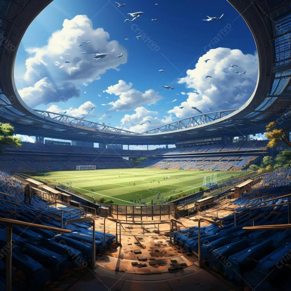 Estádio de futebol vazio sob céu azul