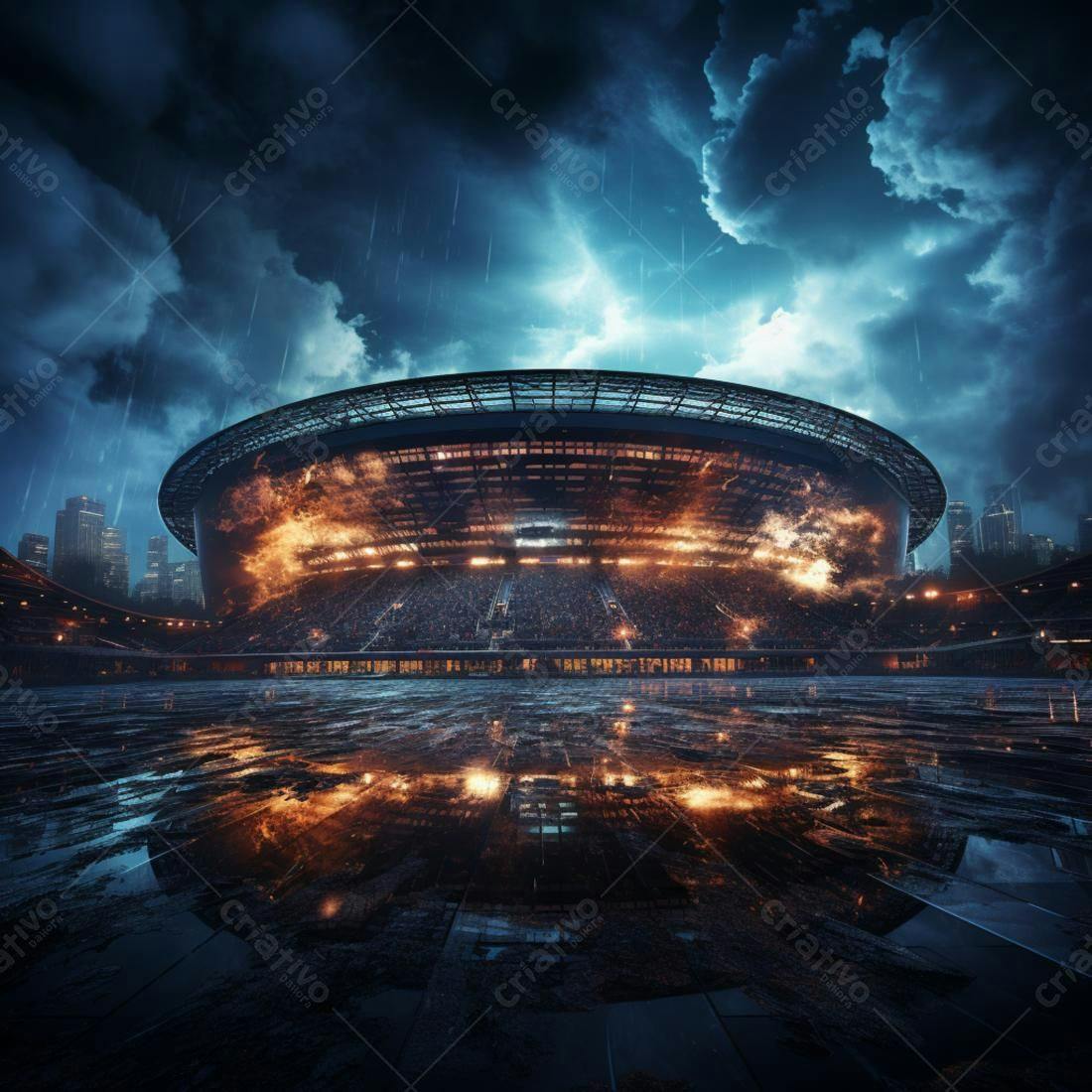 Estádio em chamas sob tempestade noturna