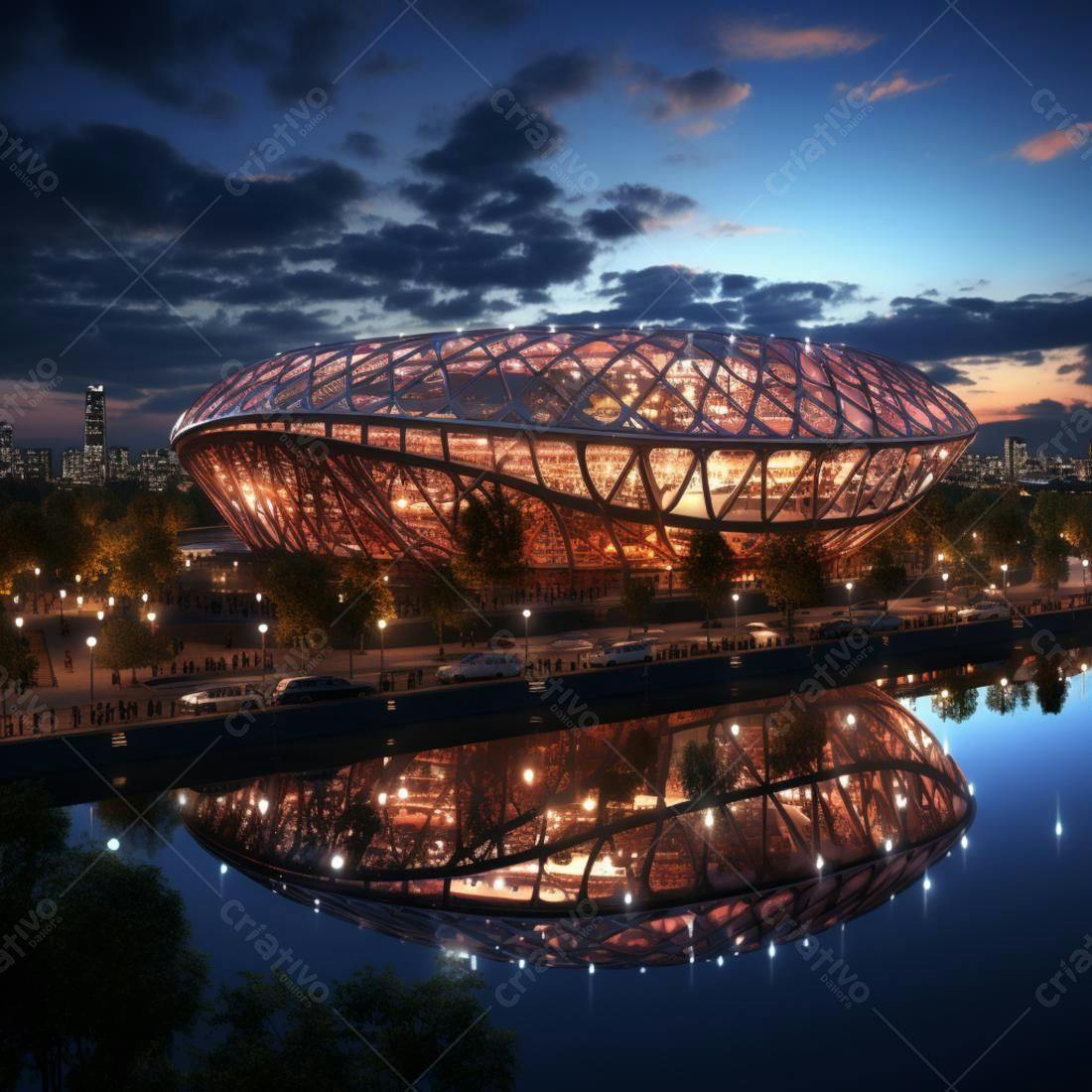 Estádio Moderno Iluminado à Noite
