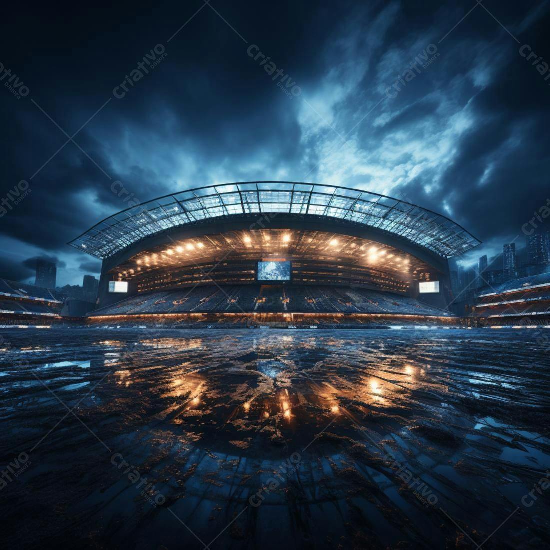 Estádio vazio sob céu tempestuoso noturno