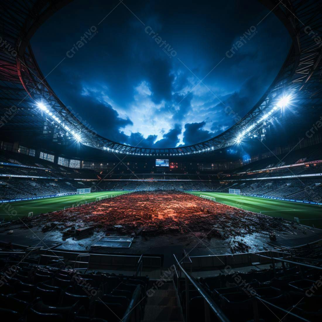 Estádio de futebol noturno com campo danificado