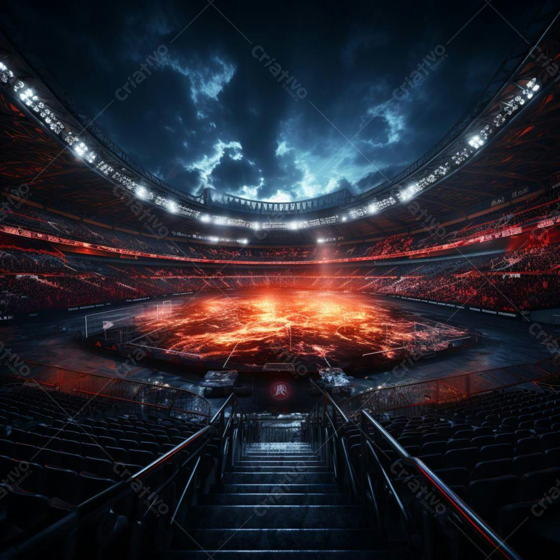 Estádio com lava vulcânica no campo