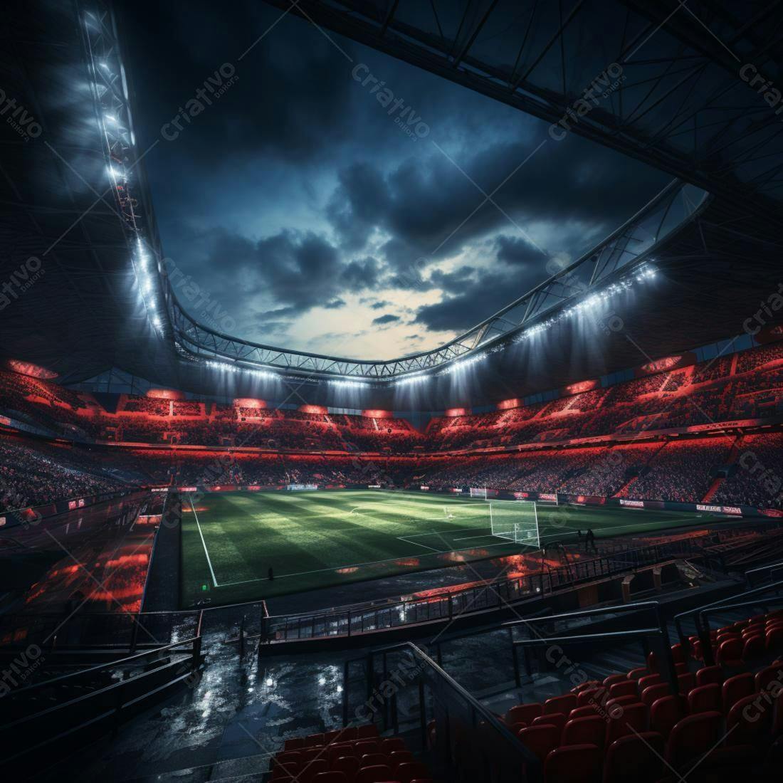 Estádio de futebol noturno sob chuva