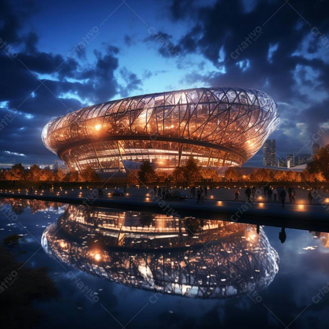 Estádio moderno iluminado à noite