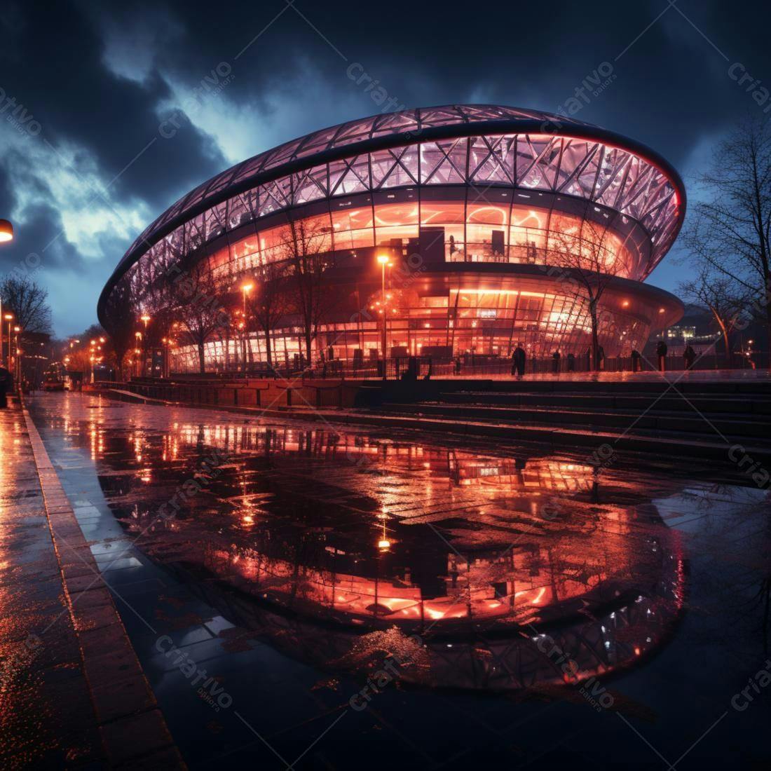 Arena iluminada à noite sob chuva