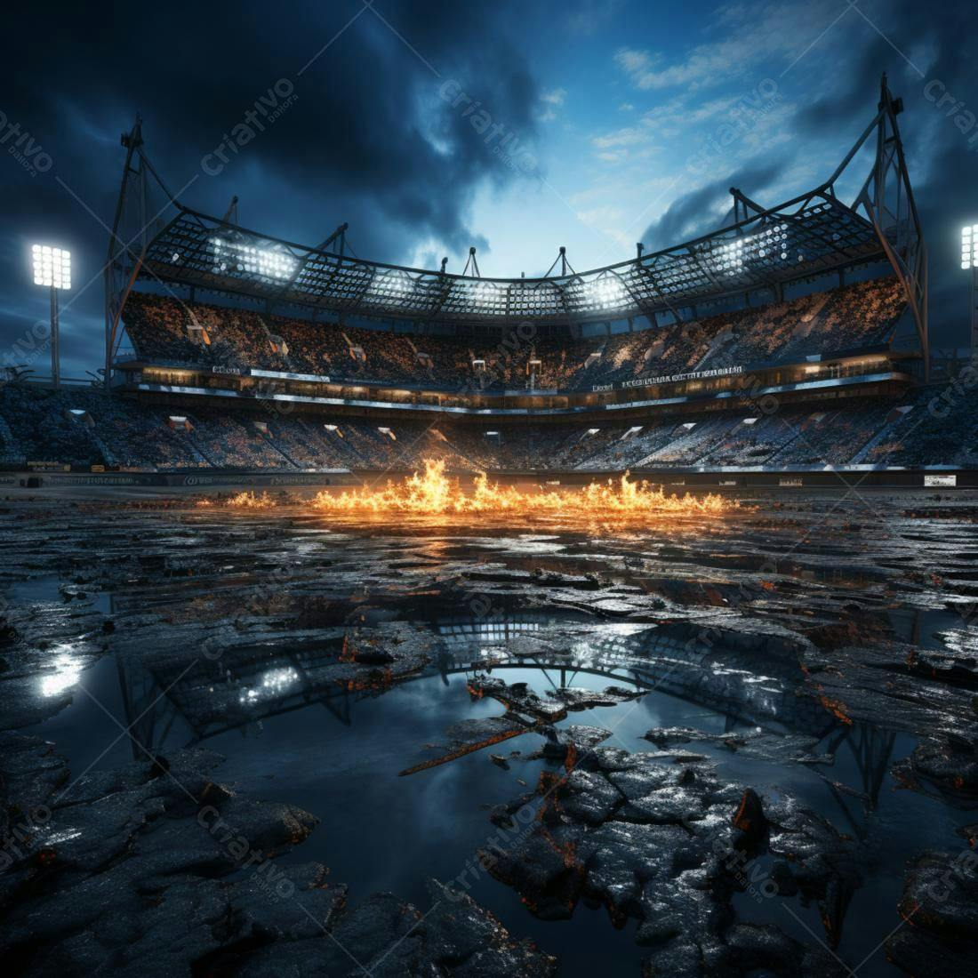 Estádio em chamas noite escura