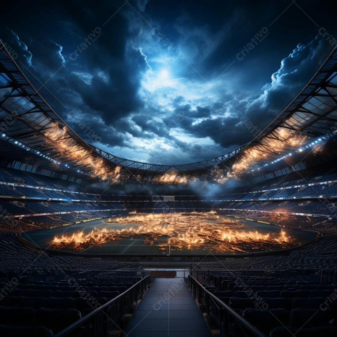 Estádio em chamas sob céu tempestuoso