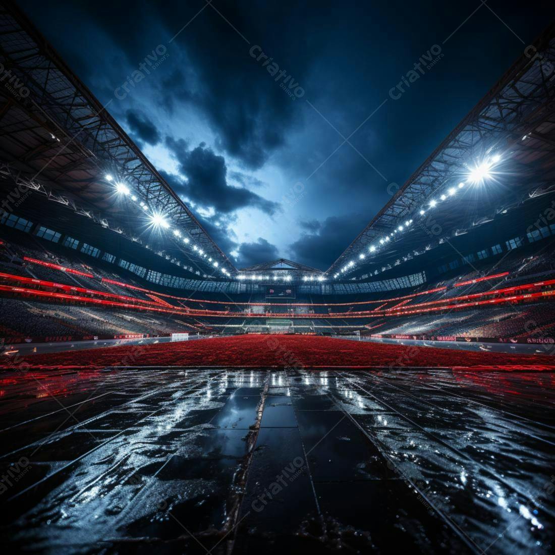 Estádio de futebol noturno chuvoso