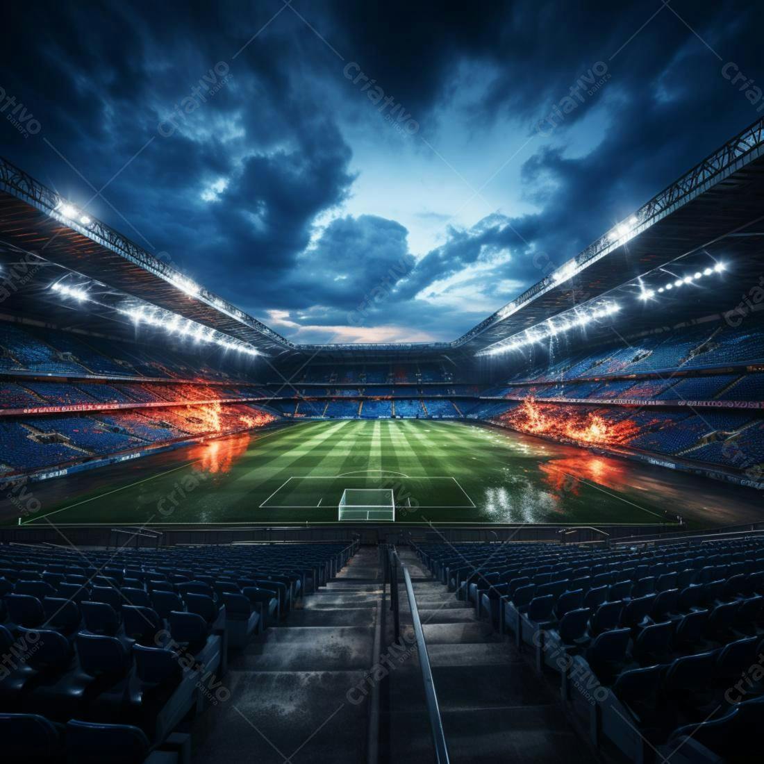 Estádio de futebol noturno com explosões de fogo