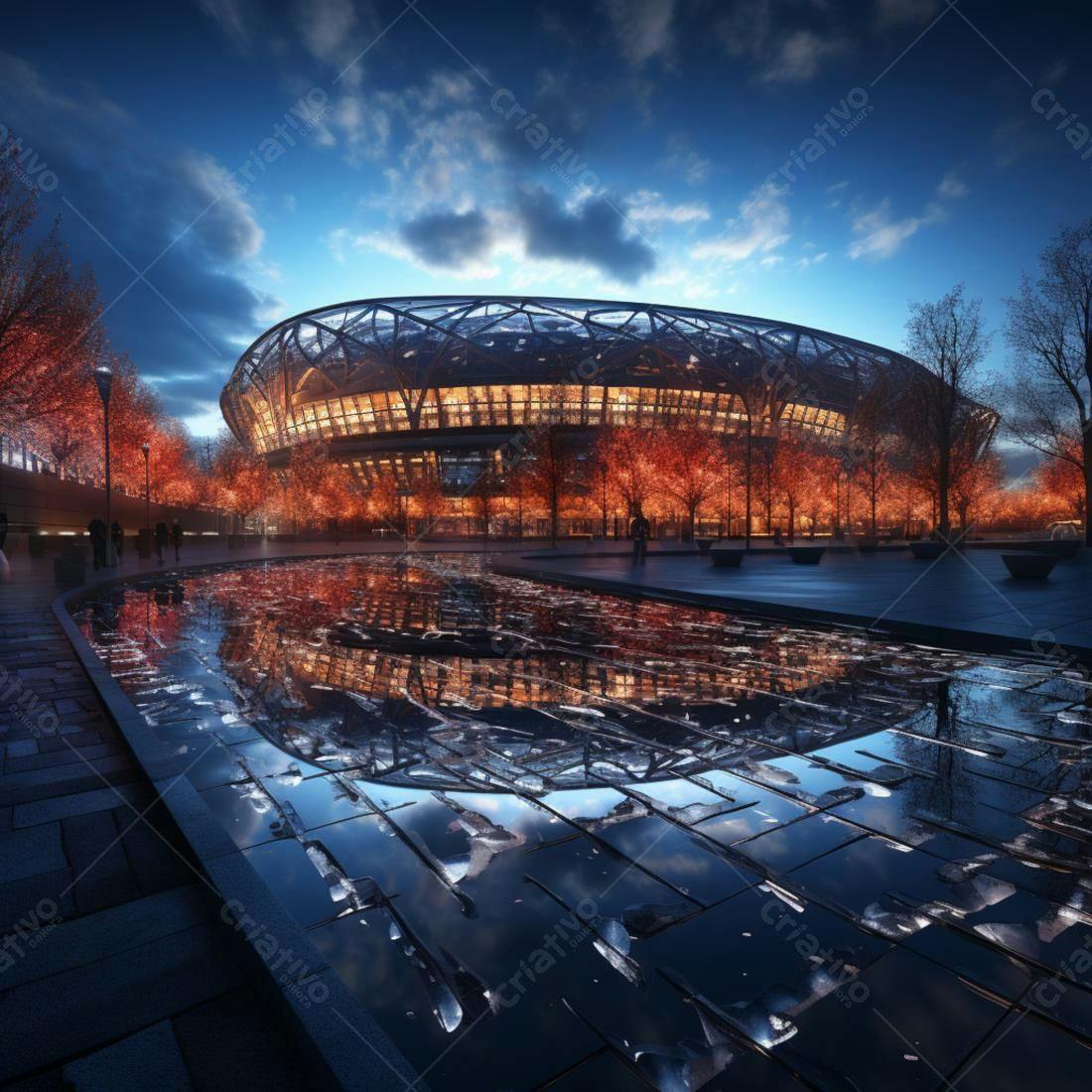Estádio moderno à noite com reflexo na água