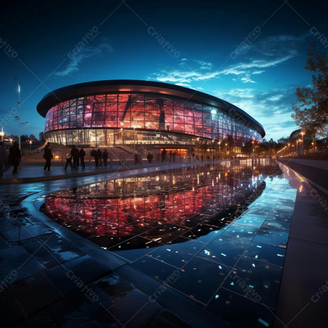 Arena moderna iluminada à noite com reflexo na água