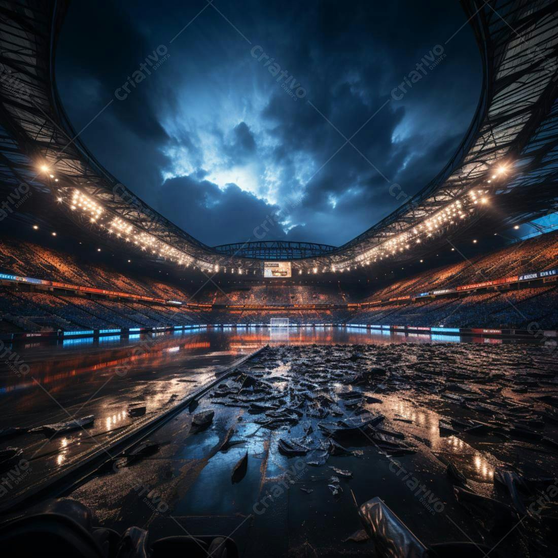 Estádio inundado após forte chuva noturna