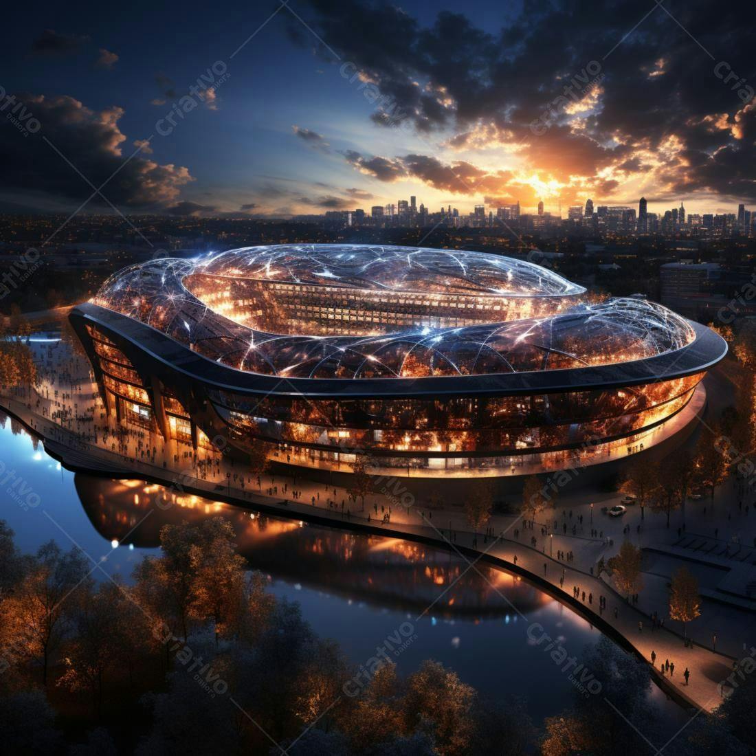 Estádio Moderno Iluminado ao Pôr do Sol