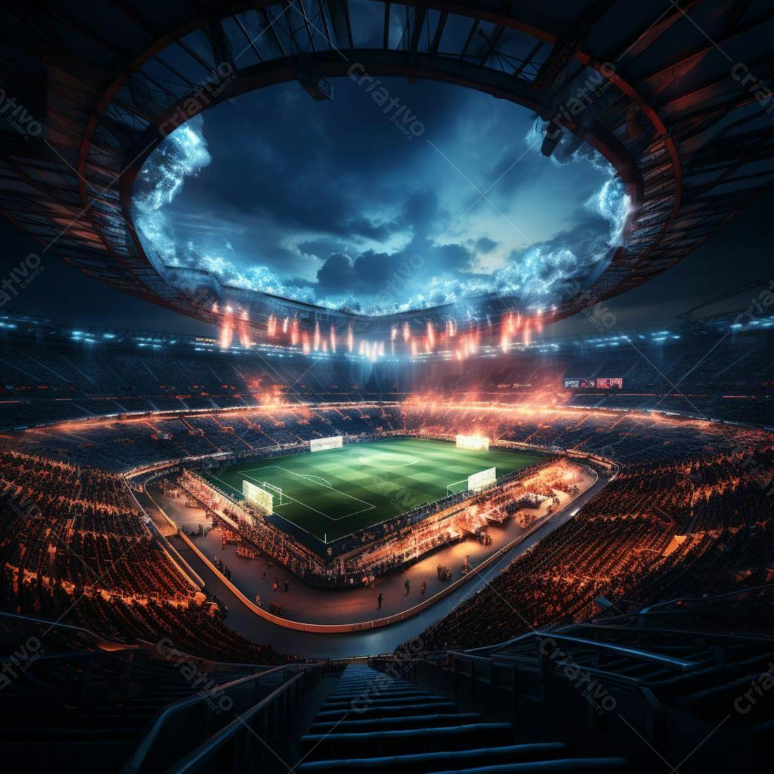 Estádio de futebol noturno com fogos
