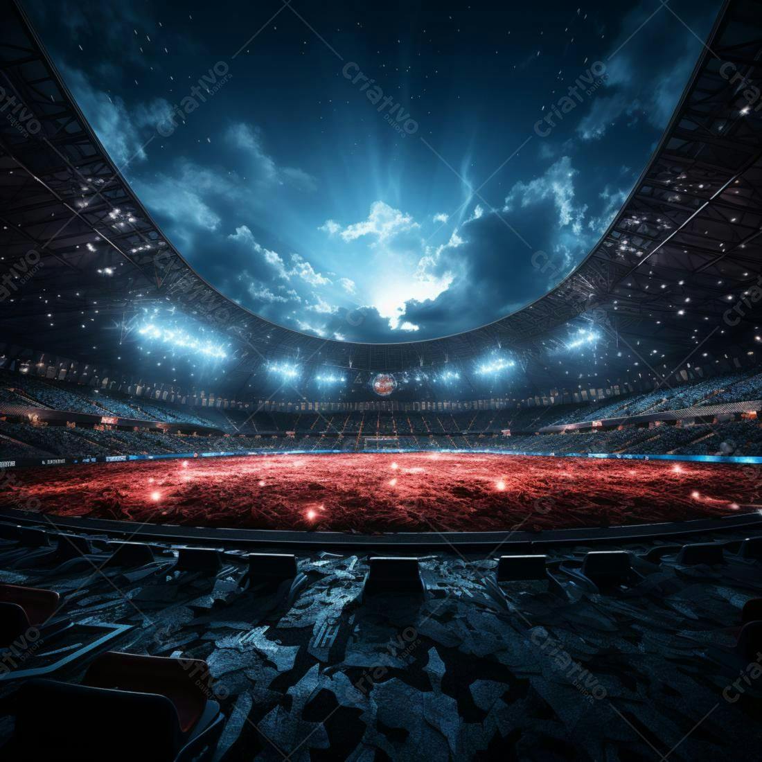 Estádio noturno com campo destruído