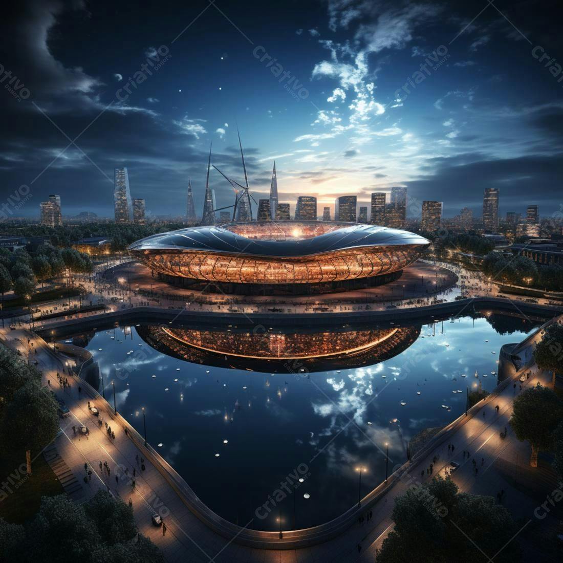Estádio moderno à noite com reflexo na água