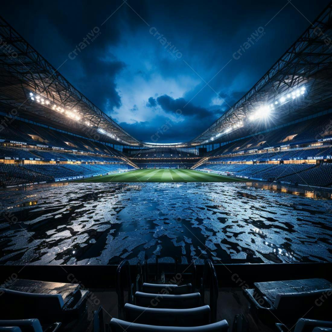 Estádio de futebol molhado noite