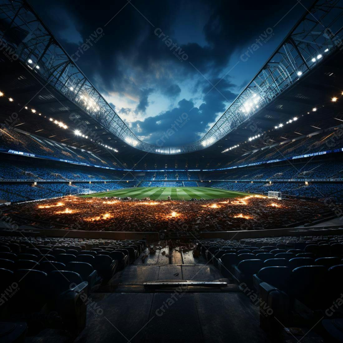 Estádio de futebol noturno com fogo no campo