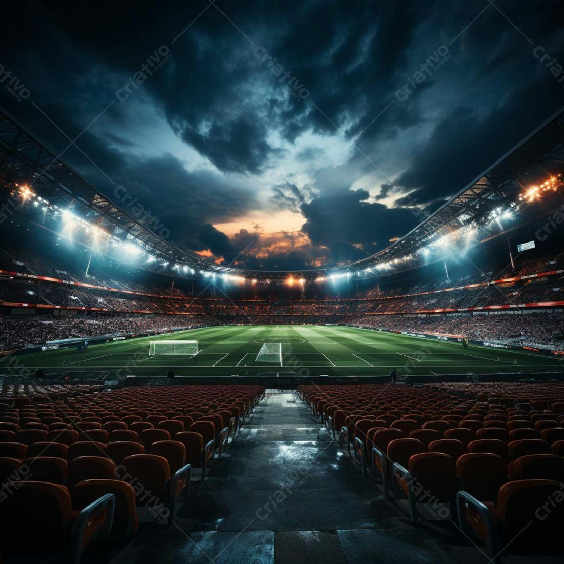Estádio de futebol iluminado ao entardecer