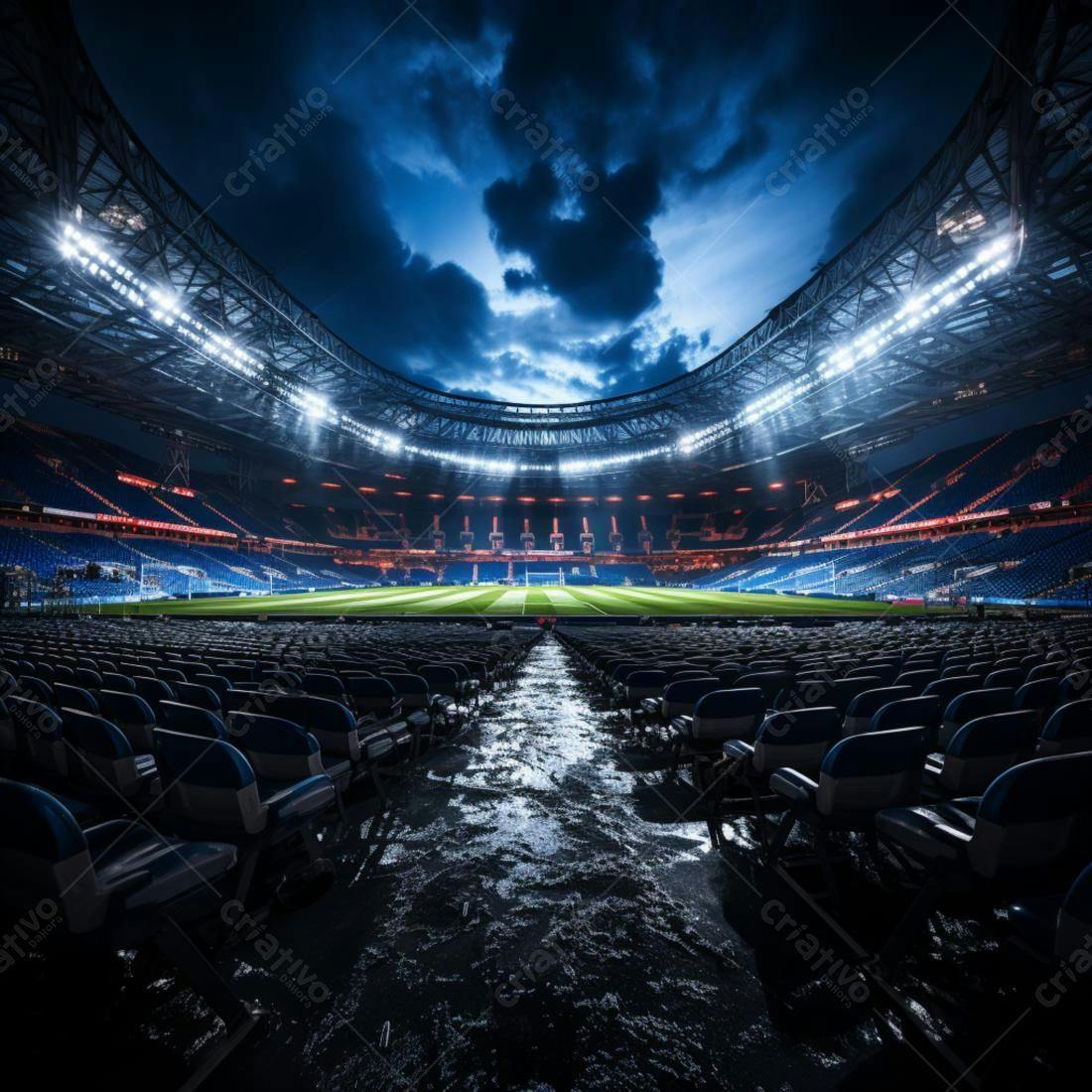 Estádio vazio sob chuva noturna