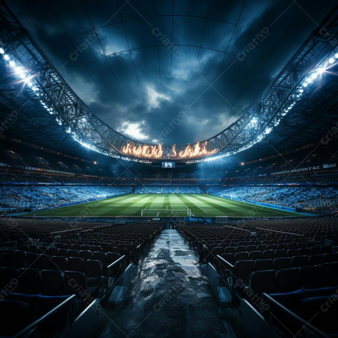 Estádio de futebol noturno com chamas