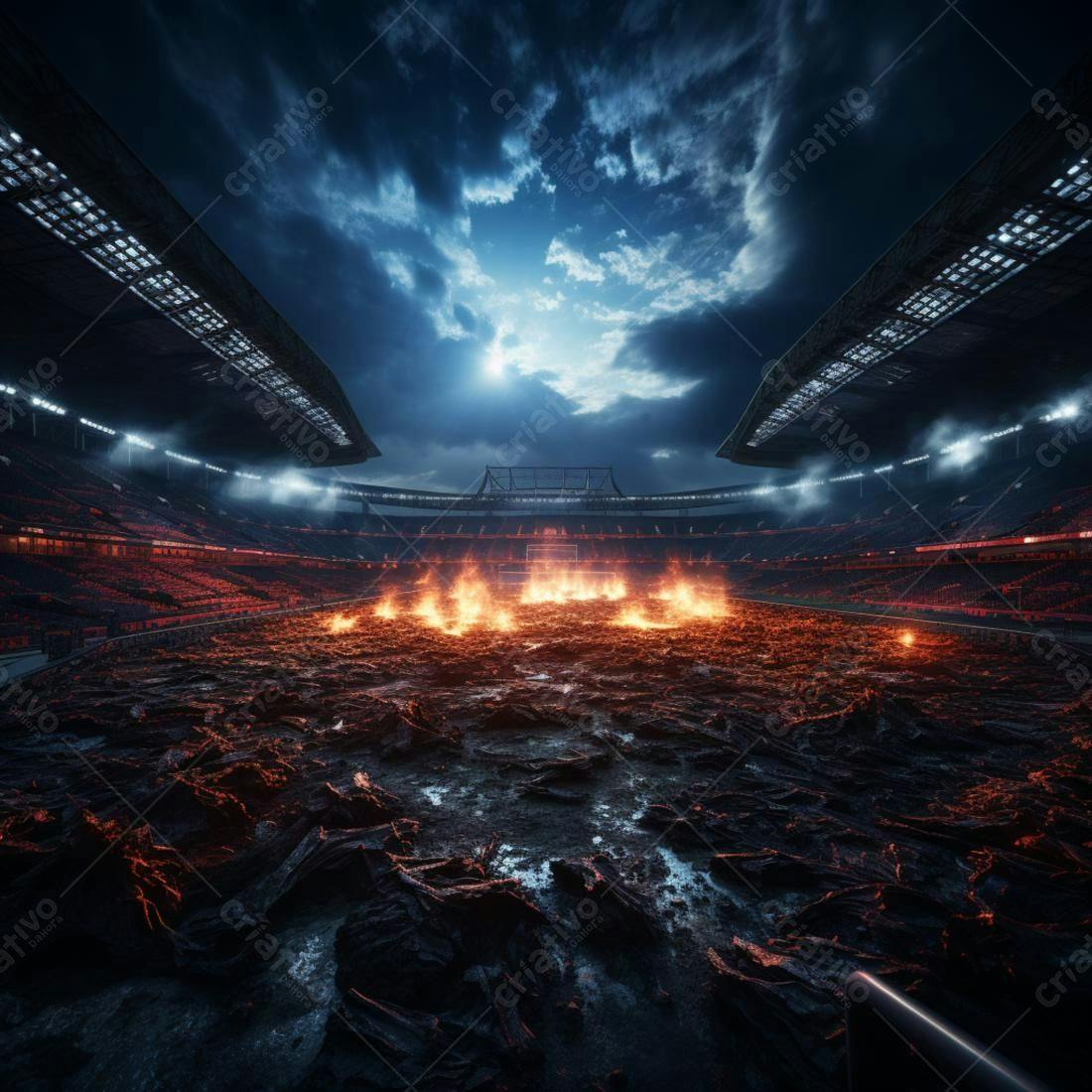 Estádio em chamas noite escura