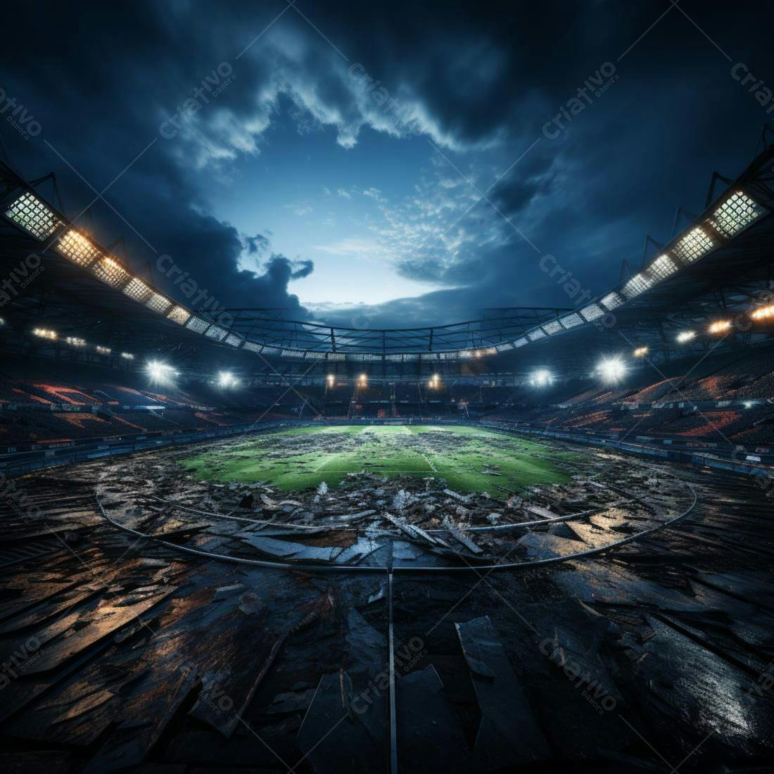 Estádio de futebol inundado após tempestade