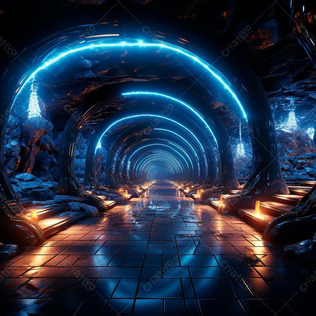 Túnel futurista azul e laranja com iluminação neon