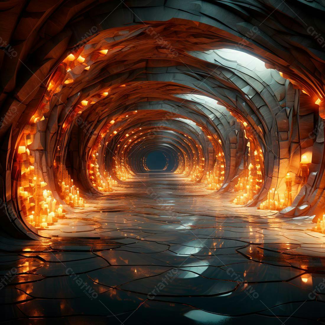 Túnel de pedra com velas laranja